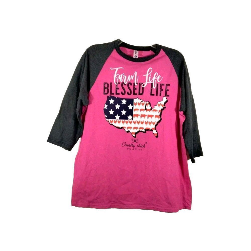 Country Chic Womens Large T Shirt Pink 3/4 Sleeve Farm Life Blessed Life Chicken